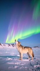 A majestic wolf stands gracefully in a snowy landscape, illuminated by vibrant aurora lights dancing across the night sky, creating a magical atmosphere.