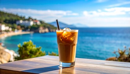Iced coffee at a stylish cafe with a sea view