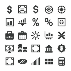 Financial icons set illustrating business finance data statistics and investments