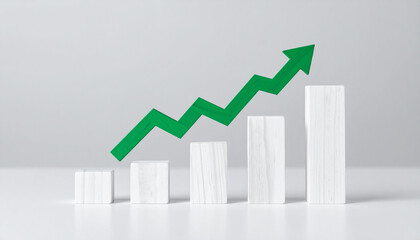 Minimalist white wood block graph with green arrow pointing upwards. Business and market growth