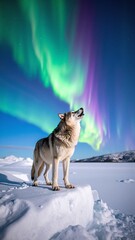 A majestic wolf stands proudly atop a blanket of glistening snow, its thick fur shimmering in the soft winter sunlight, surrounded by a serene, wintry landscape.