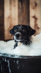 Dog in tub with foam and relaxing music.