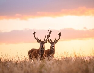 Two graceful deer stand amidst lush, tall grass, their silhouettes softly illuminated by the warm hues of a stunning sunset, creating a serene atmosphere.