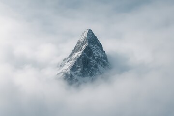 Snowy mountain peak emerging through dense clouds under overcast sky