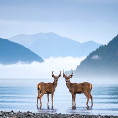 Two graceful deer stand in a serene, shallow stream, their reflections shimmering on the water's surface as they drink peacefully amidst lush greenery.
