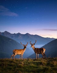 Two graceful deer stand side by side on a lush, green hill, their soft brown coats glistening in the warm sunlight, surrounded by wildflowers.
