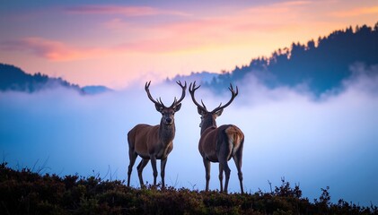 Two graceful deer stand atop a lush green hill, their silhouettes softly outlined against a misty background, creating a serene and tranquil atmosphere.