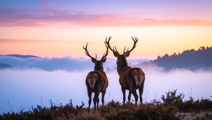 Two graceful deer stand atop a lush green hill, their silhouettes softly outlined against a misty, ethereal fog that blankets the serene landscape.