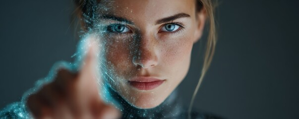 a confident woman working with AI holograms, Women in AI theme, front view, photorealistic style, futuristic tech lighting, isolated on white background