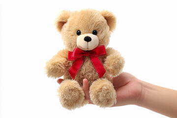 Obraz premium Cute teddy bear held in hand with a red ribbon at home