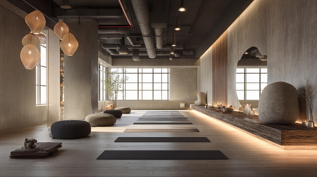 Wellness studio with calming ambiance for relaxation and yoga practice