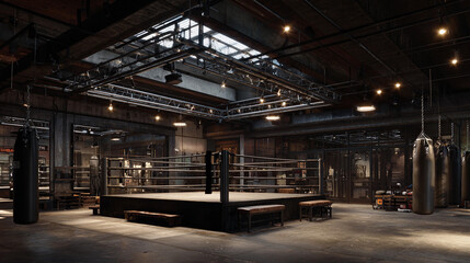 Boxing gym interior featuring a ring and training equipment