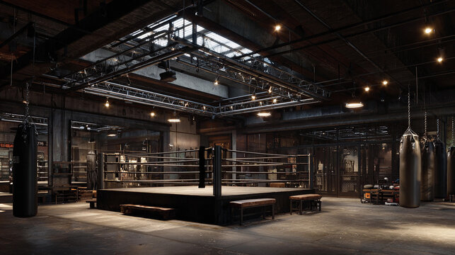 Boxing gym interior featuring a ring and training equipment