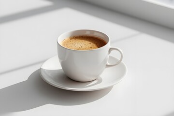 High-resolution photo with ceramic cup of coffee with saucer. Cappuccino. Americano. Flat white. Coffee latte. For editorial or commercial use. Coffee cup background. Cafe advertising. Espresso