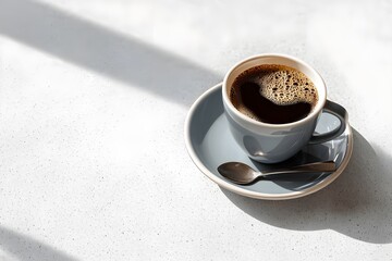 High-resolution photo with ceramic cup of coffee with saucer. Cappuccino. Americano. Flat white. Coffee latte. For editorial or commercial use. Coffee cup background. Cafe advertising. Espresso