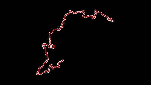 2D Map of Orissa in red and white outline with boundary line animation