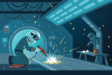 Naklejka premium Futuristic welding inside a space station maintenance bay.