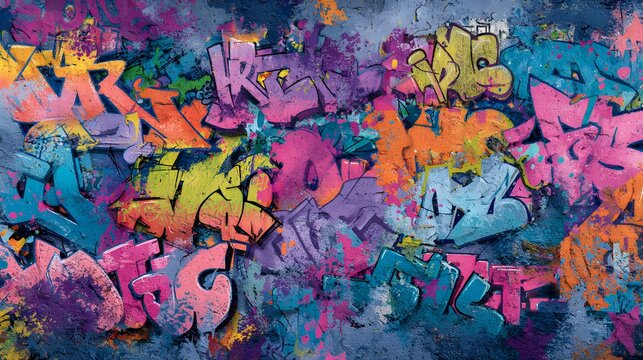 graffiti artwork painted across a textured, weathered concrete wall surface, vividly capturing the raw, expressive energy of contemporary urban street art culture