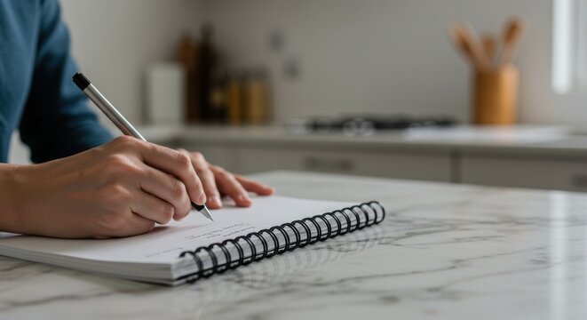 Person is writing in a notebook on a kitchen marble countertop to make a to do list for planning and goal setting