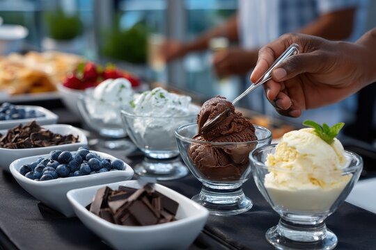 A tempting display of various ice cream flavors in elegant glass bowls, showcasing a delightful assortment perfect for dessert lovers at any gathering or event.