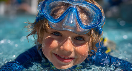 Happy boy in blue snorkel mask and gear smiling in swimming pool water. Summer swimming and water activities concept for vacation and pool safety programs
