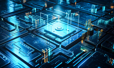 Futuristic glowing microchip with digital circuit board background. Blue neon technology concept for AI, computing, innovation, and high-tech infrastructure visuals