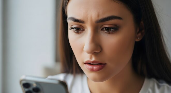 Close-up of a young woman with a furrowed brow looking at her smartphone with a confused expression.