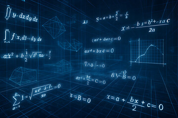 Glowing mathematical equations and geometric shapes illuminate a dark grid background, representing complex concepts and computation