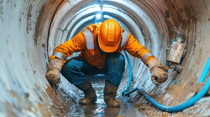 Worker in Orange Gear Inspecting Sewer Pipeline with Water Flowing