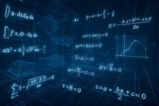 Glowing mathematical equations and geometric shapes illuminate a dark grid background, representing complex concepts and computation