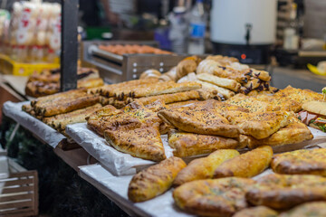 Street food meat vegetables salads on the counter