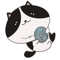 Black and white cat cartoon holding a ball of yarn. 
Cat cartoon illustration isolated on transparent background.