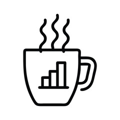 Black and white line art of a coffee cup with a bar graph