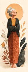 illustrated mature woman embracing change, Menopause Month concept, flat vector illustration, soft empowering colors, isolated on white background