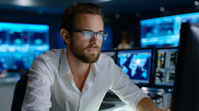 Focused Man in White Shirt Working at Computer in a Modern Office with Blue Screens
