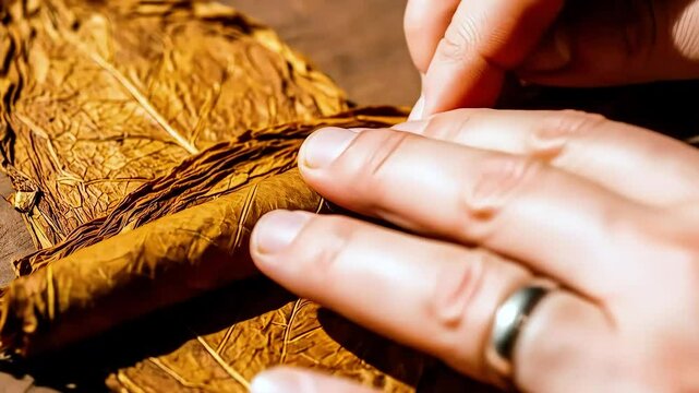 Hand rolling a cigar close-up