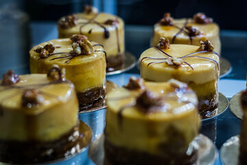 Cakes cream chocolate exhibited in a number of chocolate
