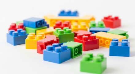 Scattered Colorful Plastic Building Blocks on White Background