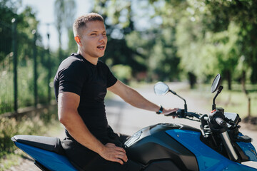 A man in a black shirt sits on a blue motorcycle in a serene park. The background showcases bright...