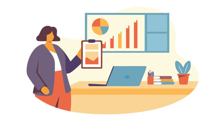 Obraz premium Woman presenting data on a clipboard in front of a desk with a laptop and graph display board