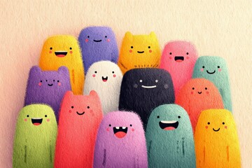 illustrated happy face characters with big smiles, Smile Day concept, flat vector illustration, cheerful pastel palette, isolated on white background