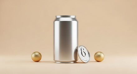 A sleek silver soda can rests between two golden spheres for contrast