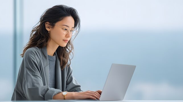 Asian businesswoman working with dual-screen laptop in clean office