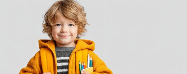 a smiling child packing backpack with school supplies, Get Ready for Kindergarten theme, front view, photorealistic style, bright natural light, isolated on white background