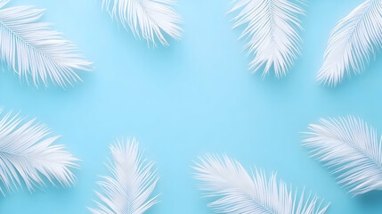 Elegant light blue background with decorative white palm leaves creating a frame