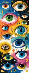 illustrated eyes with sparkles and vision symbols, Sight Day concept, flat vector illustration, bright fresh colors, isolated on white background