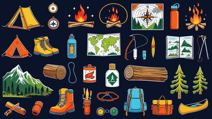 Illustration of camping equipment including tents, maps, and hiking accessories