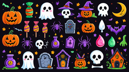 A collection of halloween themed illustrations including pumpkins ghosts and spiders