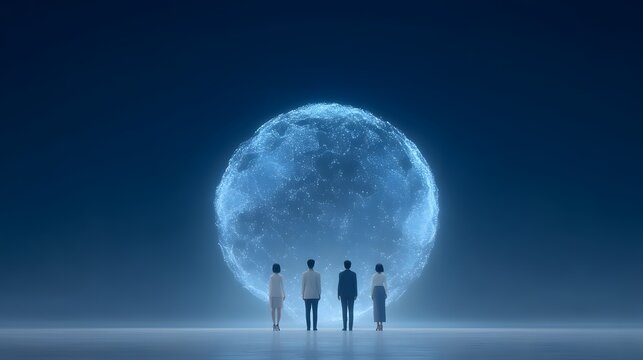 Diverse team standing with glowing data globe in the middle