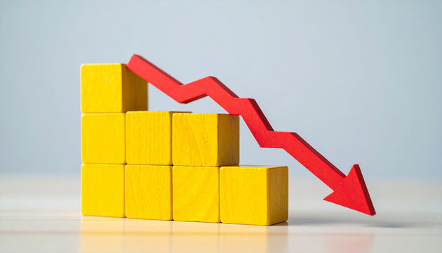 Minimalist yellow graph with red arrow pointing down. Business risk, financial decline, money loss